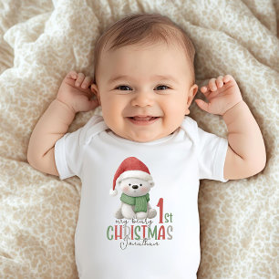 First Christmas Custom Name White Baby Bodysuit