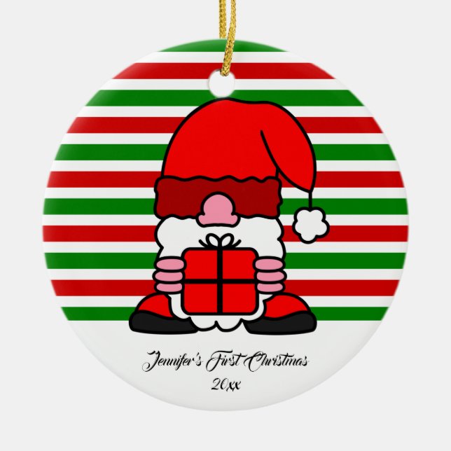 First Christmas Custom Photo and Name Cute Santa Ceramic Tree Decoration (Front)