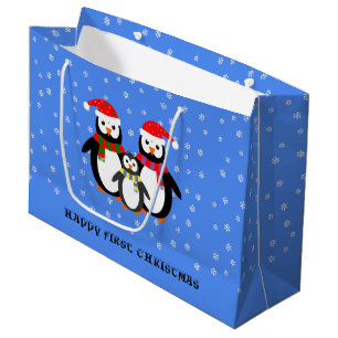 First Christmas custom text penguins blue Large Gift Bag