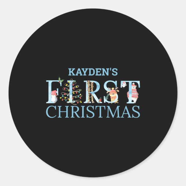 First Christmas Cute Animal Letters Boy Name Baby  Classic Round Sticker (Front)