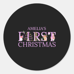 First Christmas Cute Animal Letters Girl Name Baby Classic Round Sticker