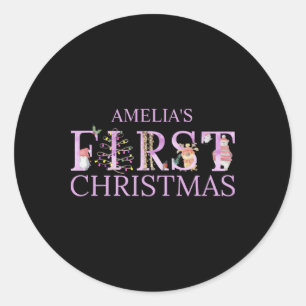 First Christmas Cute Animal Letters Girl Name Baby Classic Round Sticker