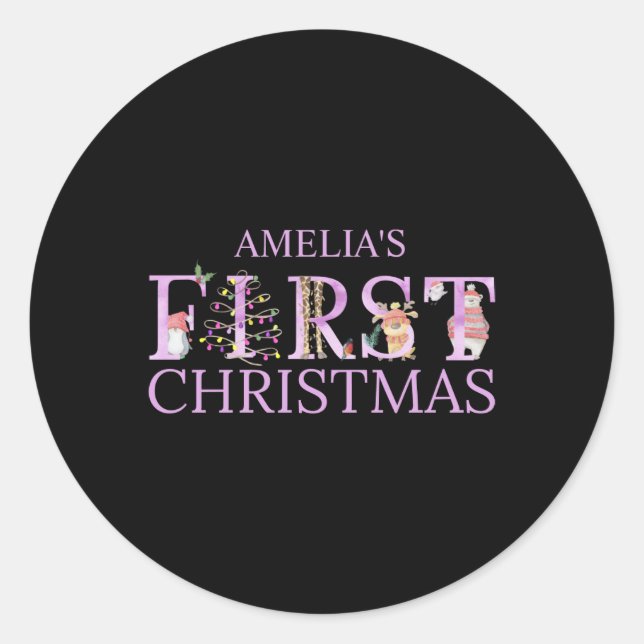 First Christmas Cute Animal Letters Girl Name Baby Classic Round Sticker (Front)