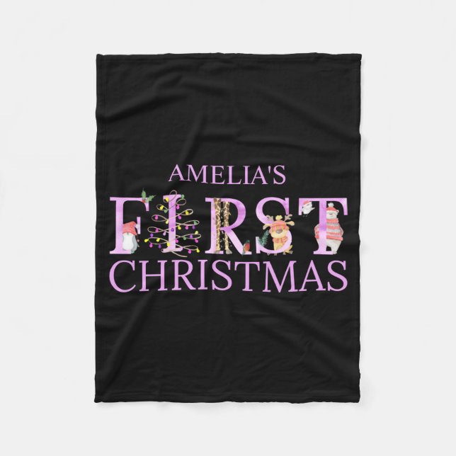 First Christmas Cute Animal Letters Girl Name Baby Fleece Blanket (Front)