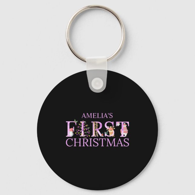 First Christmas Cute Animal Letters Girl Name Baby Key Ring (Front)