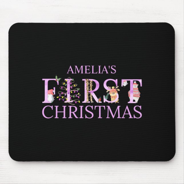 First Christmas Cute Animal Letters Girl Name Baby Mouse Mat (Front)