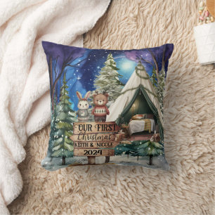 First Christmas Cute Couple Newlyweds Adventure Cushion