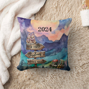 First Christmas Cute Couple Newlyweds Mountain Cushion