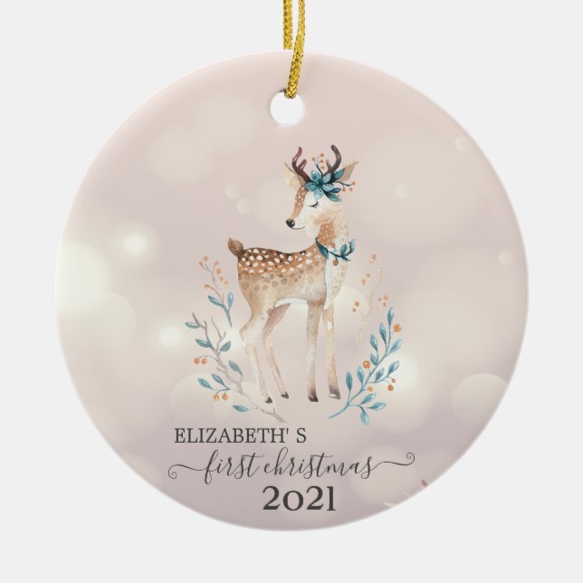 First Christmas,Cute Deer Holiday  Ceramic Tree Decoration (Front)
