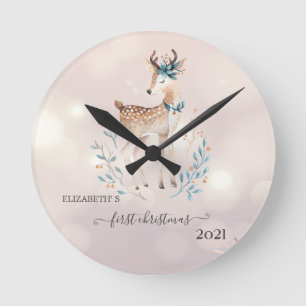 First Christmas,Cute Deer Holiday Round Clock