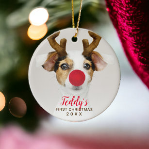 First Christmas cute pet dog photo typography Ceramic Tree Decoration
