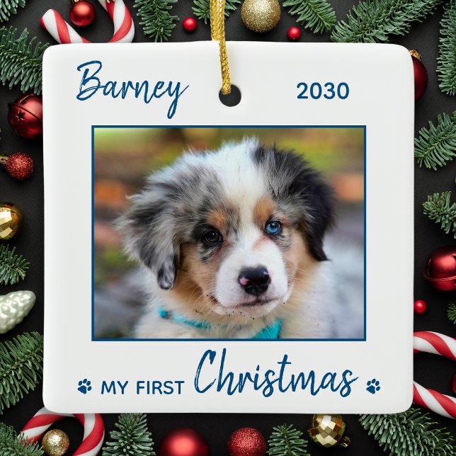 First Christmas Cute Puppy - Blue Dog Pet Photo Ceramic Ornament (Creator Uploaded)