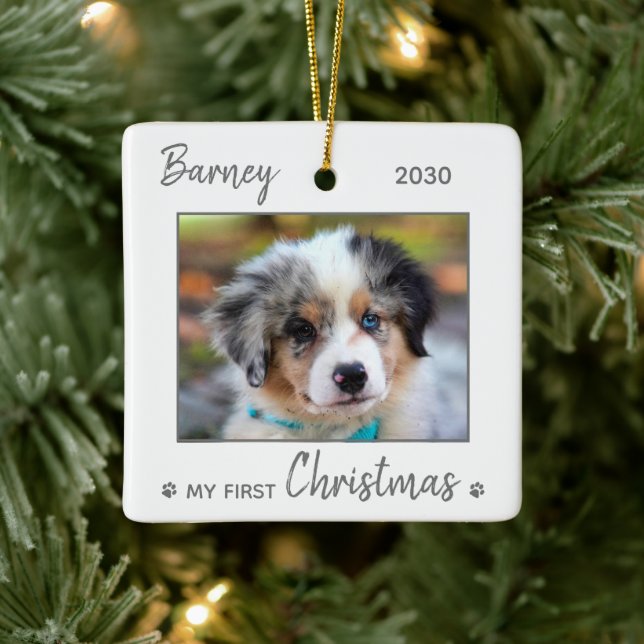 First Christmas Cute Puppy - Grey Dog Pet Photo Ceramic Ornament (Tree)