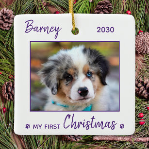 First Christmas Cute Puppy - Purple Dog Pet Photo Ceramic Ornament