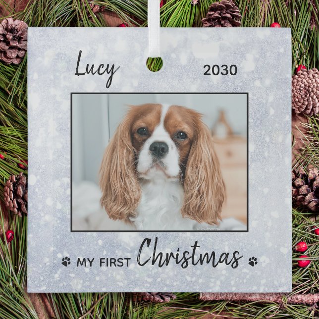 First Christmas Cute Puppy - Silver Dog Pet Photo Glass Tree Decoration (Creator Uploaded)