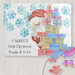 First Christmas Cute Santa Claus Personalised Jigsaw Puzzle<br><div class="desc">Personalised puzzle for a little boy or girl's first christmas. The design features Santa Claus peeking out from a stack of gift wrapped presents and snowflakes. The wording reads "[name's] First Christmas Puzzle ❅ [year]" and the template is set up ready for you to customise.</div>