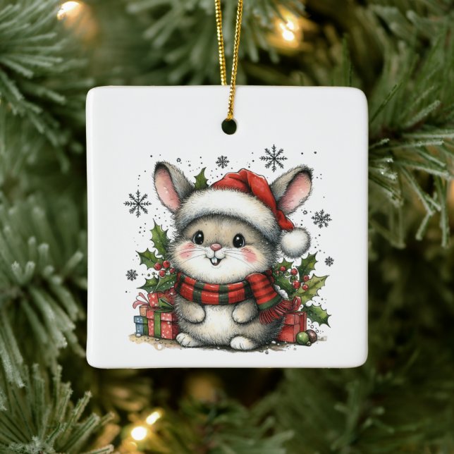 First Christmas Cute Whimsical Bunny Customised Ceramic Ornament (Tree)