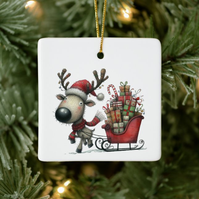 First Christmas Cute Whimsical Reindeer Customised Ceramic Ornament (Tree)