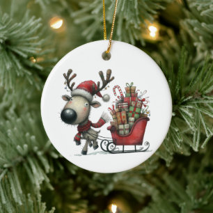 First Christmas Cute Whimsical Reindeer Customised Ceramic Tree Decoration