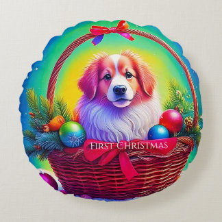 First Christmas Cutest Dog in Holiday Basket Round Cushion