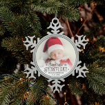 First Christmas cutest little snowflake photo Snowflake Pewter Christmas Ornament<br><div class="desc">With this wonderful Christmas tree ornament,  you can create a special keepsake for your newborn baby girl or baby boy. It can be customised with one of your favourite baby pictures,  the name,  and the date of birth. It features the text "Cutest little snowflake" and small snowflakes.</div>