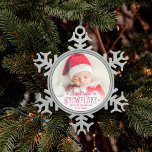 First Christmas cutest little snowflake photo Snowflake Pewter Christmas Ornament<br><div class="desc">With this wonderful Christmas tree ornament,  you can create a special keepsake for your newborn baby girl. It can be customised with one of your favourite baby pictures,  the name,  and the date of birth. It features the text "Cutest little snowflake" and small snowflakes.</div>