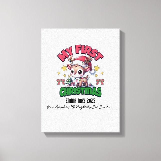First Christmas Deer Brown Personalise Canvas Print (Front)