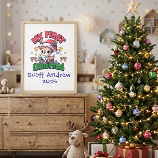 First Christmas Deer Brown Personalise Canvas Print (Creator Uploaded)