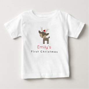 First Christmas Deer In A Red Santa Hat Custom Baby T-Shirt