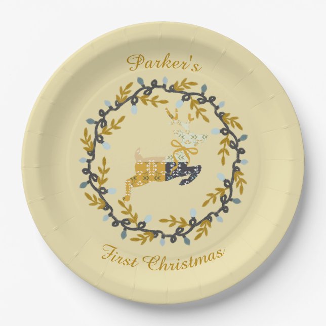 First Christmas Deer with Wreath Soft Yellow  Paper Plate (Front)