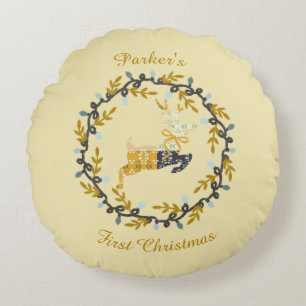 First Christmas Deer with Wreath Soft Yellow Round Cushion