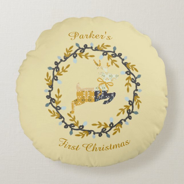 First Christmas Deer with Wreath Soft Yellow  Round Cushion (Front)