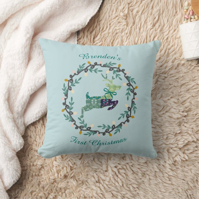 First Christmas Deer with Wreath Teal Customize Cushion (Blanket)