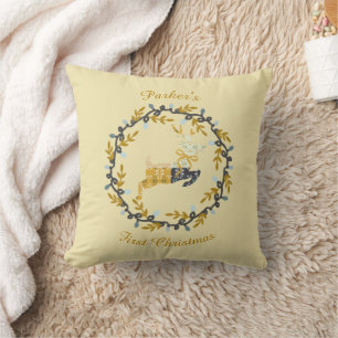 First Christmas Deer with Wreath Yellow Cushion
