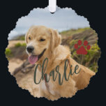 First Christmas dog forever home photo name green Tree Decoration Card<br><div class="desc">Modern add your pet name dark red burgundy and green script first Christmas with your dog keepsake tree ornament card.</div>