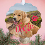 First Christmas dog in forever home photo name Tree Decoration Card<br><div class="desc">Modern add your pet name pink script first Christmas with your dog keepsake tree ornament card.</div>