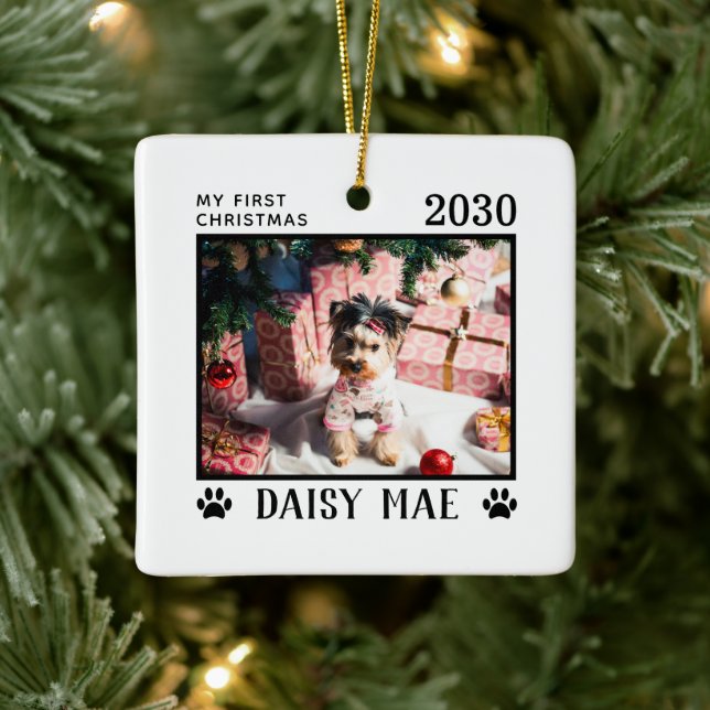 First Christmas Dog Photo Name Paw Prints Custom Ceramic Ornament (Tree)