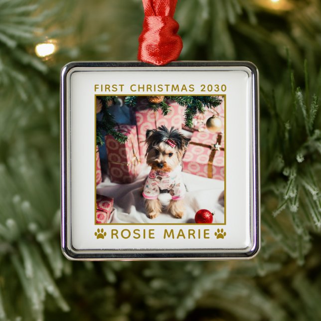 First Christmas Dog Photo Name Year Paws Custom Metal Tree Decoration (Tree)