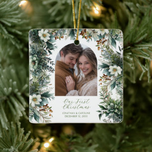 First Christmas Elegant Greenery Arch Photo Ceramic Ornament