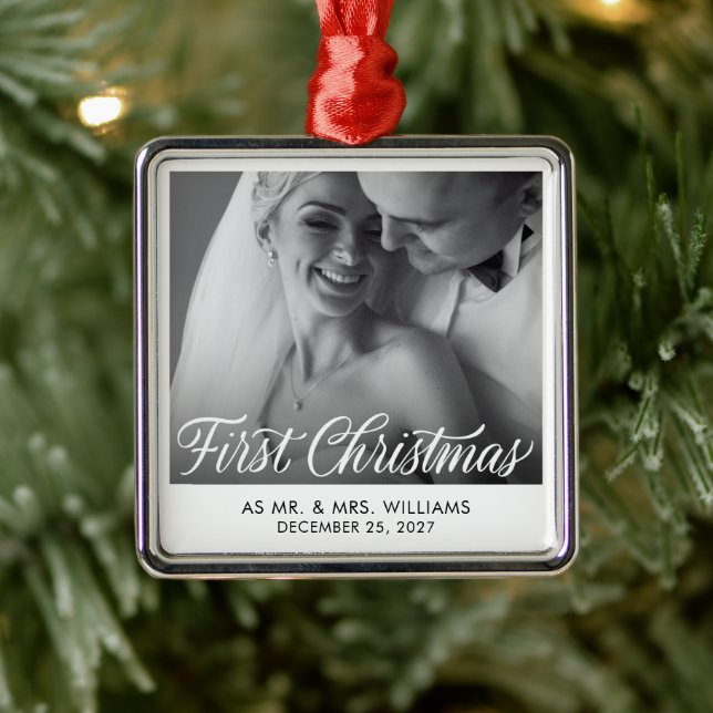 First Christmas | Elegant Newlywed Photo Metal Tree Decoration (Tree)