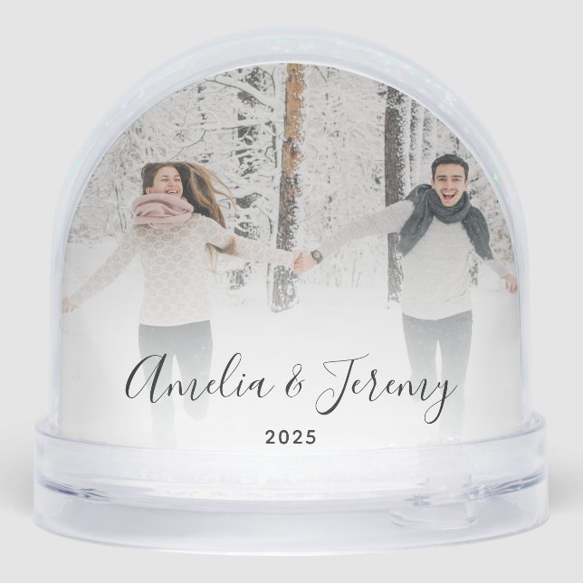 First Christmas Engaged 2 Photo Black Script Snowglobe (Back)