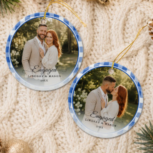 First Christmas Engaged 2 Photo Blue Gingham Ceramic Tree Decoration