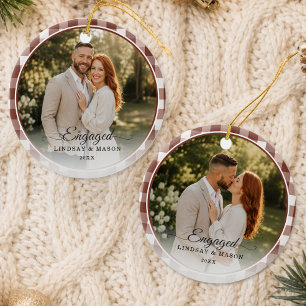 First Christmas Engaged 2 Photo Brown Gingham Ceramic Tree Decoration