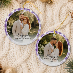 First Christmas Engaged 2 Photo Purple Gingham Ceramic Tree Decoration