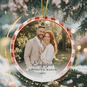 First Christmas Engaged 2 Photo Red Gingham Ceramic Tree Decoration