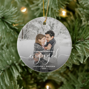 First Christmas Engaged 2-Photo White Script Ceramic Tree Decoration