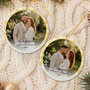 First Christmas Engaged 2 Photo Yellow Gingham Ceramic Tree Decoration