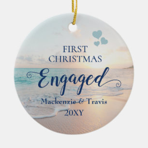 First Christmas Engaged Beach Sunset Ceramic Ornam Tree Decoration