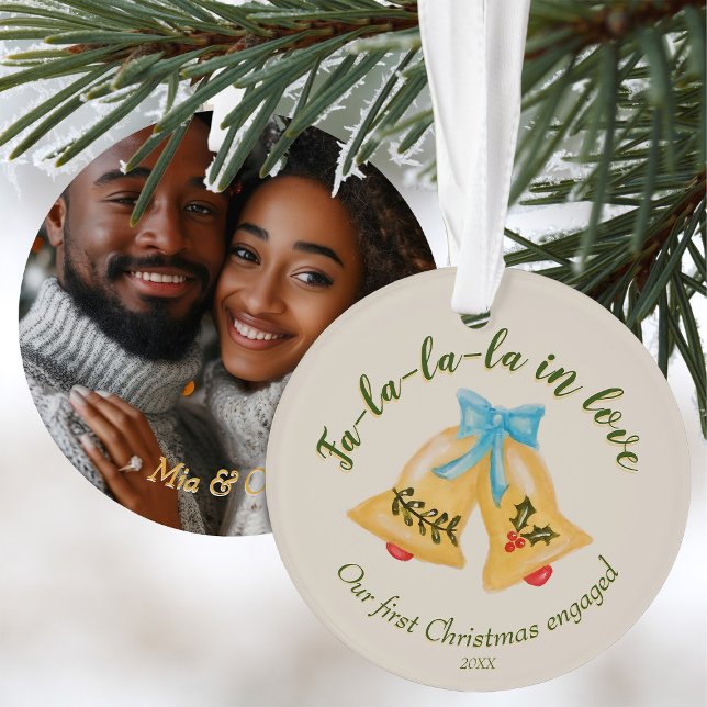 First Christmas Engaged Bell Bow Yellow Keepsake Ornament (Creator Uploaded)