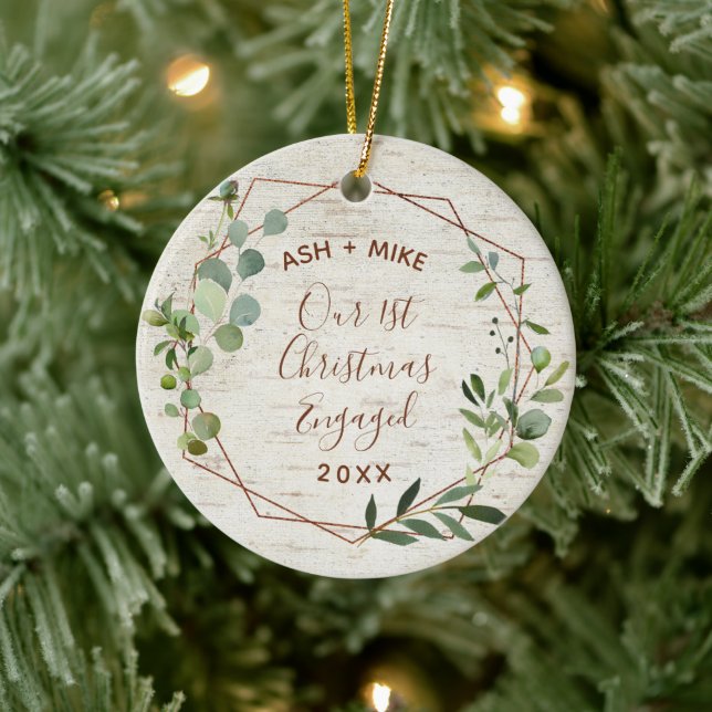 First Christmas Engaged Birch Eucalyptus Photo Ceramic Tree Decoration (Tree)